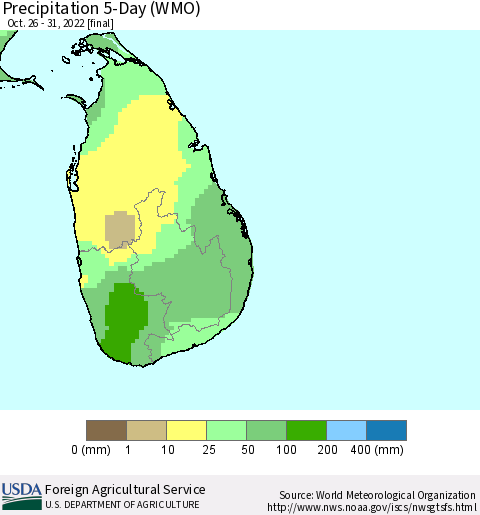Sri Lanka Precipitation 5-Day (WMO) Thematic Map For 10/26/2022 - 10/31/2022
