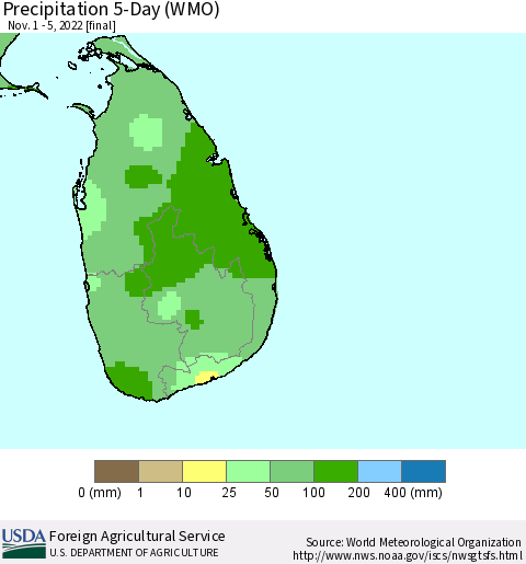 Sri Lanka Precipitation 5-Day (WMO) Thematic Map For 11/1/2022 - 11/5/2022