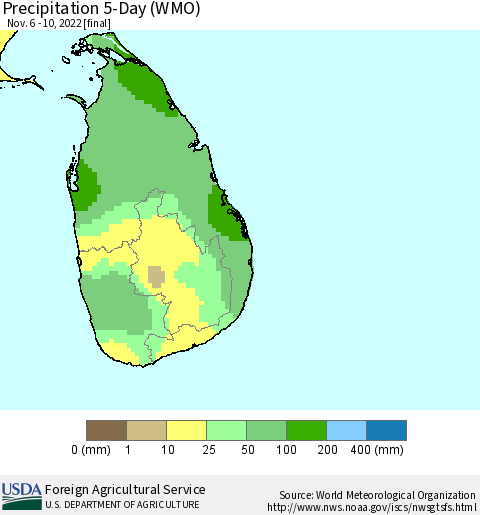 Sri Lanka Precipitation 5-Day (WMO) Thematic Map For 11/6/2022 - 11/10/2022
