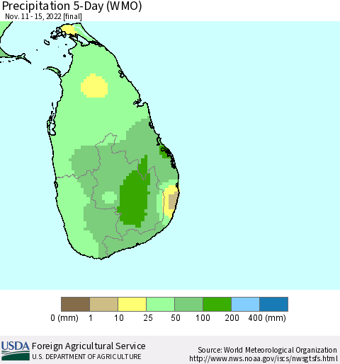 Sri Lanka Precipitation 5-Day (WMO) Thematic Map For 11/11/2022 - 11/15/2022