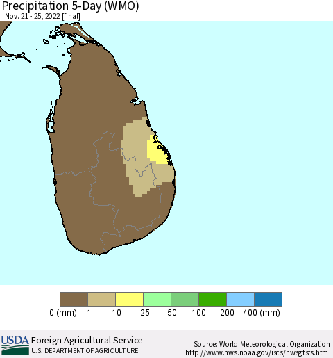 Sri Lanka Precipitation 5-Day (WMO) Thematic Map For 11/21/2022 - 11/25/2022