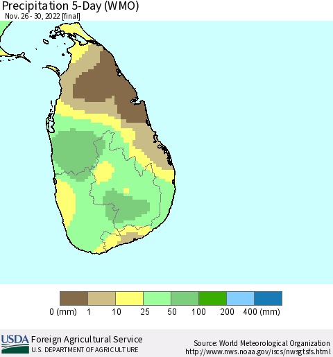 Sri Lanka Precipitation 5-Day (WMO) Thematic Map For 11/26/2022 - 11/30/2022