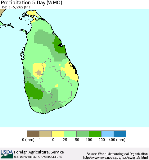 Sri Lanka Precipitation 5-Day (WMO) Thematic Map For 12/1/2022 - 12/5/2022