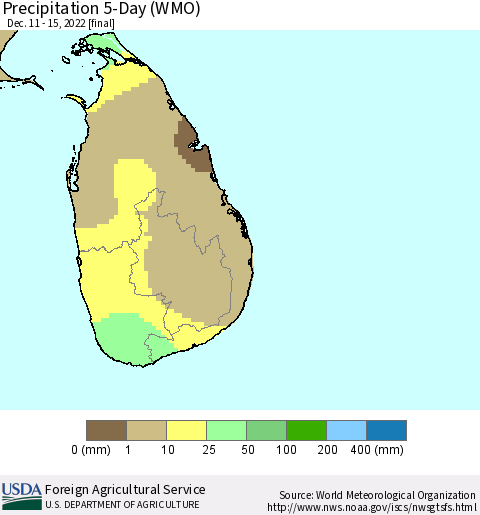 Sri Lanka Precipitation 5-Day (WMO) Thematic Map For 12/11/2022 - 12/15/2022