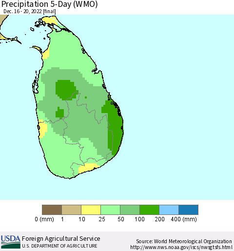Sri Lanka Precipitation 5-Day (WMO) Thematic Map For 12/16/2022 - 12/20/2022