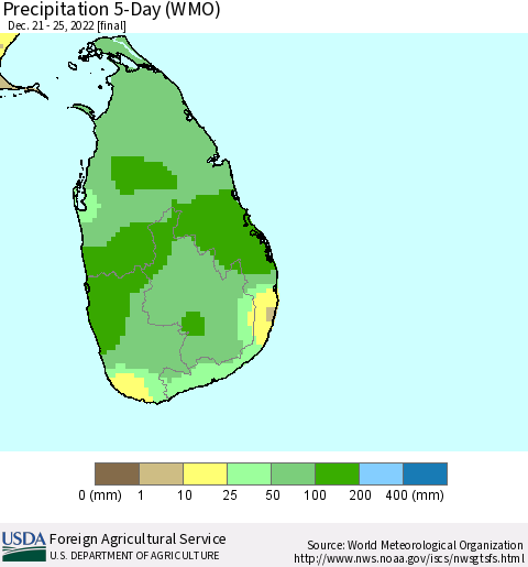 Sri Lanka Precipitation 5-Day (WMO) Thematic Map For 12/21/2022 - 12/25/2022