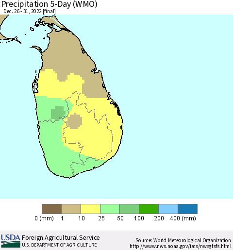 Sri Lanka Precipitation 5-Day (WMO) Thematic Map For 12/26/2022 - 12/31/2022