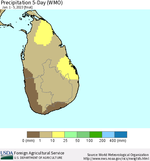 Sri Lanka Precipitation 5-Day (WMO) Thematic Map For 1/1/2023 - 1/5/2023