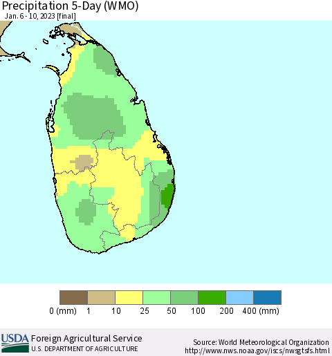 Sri Lanka Precipitation 5-Day (WMO) Thematic Map For 1/6/2023 - 1/10/2023