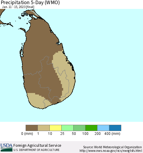 Sri Lanka Precipitation 5-Day (WMO) Thematic Map For 1/11/2023 - 1/15/2023