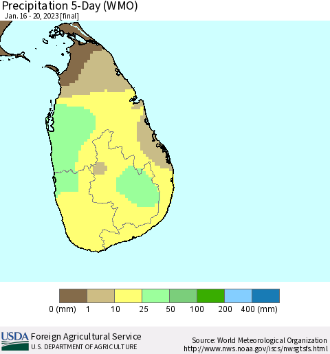 Sri Lanka Precipitation 5-Day (WMO) Thematic Map For 1/16/2023 - 1/20/2023