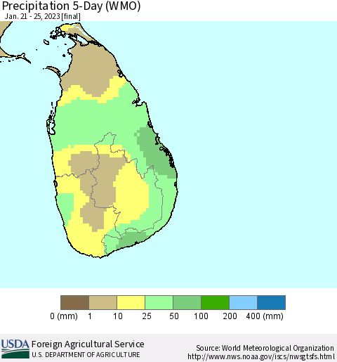 Sri Lanka Precipitation 5-Day (WMO) Thematic Map For 1/21/2023 - 1/25/2023