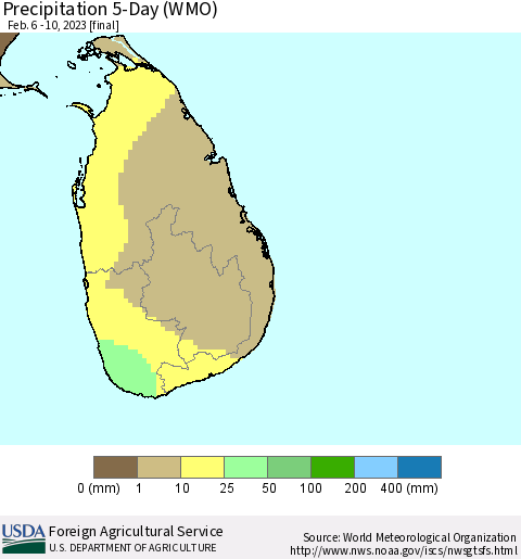 Sri Lanka Precipitation 5-Day (WMO) Thematic Map For 2/6/2023 - 2/10/2023