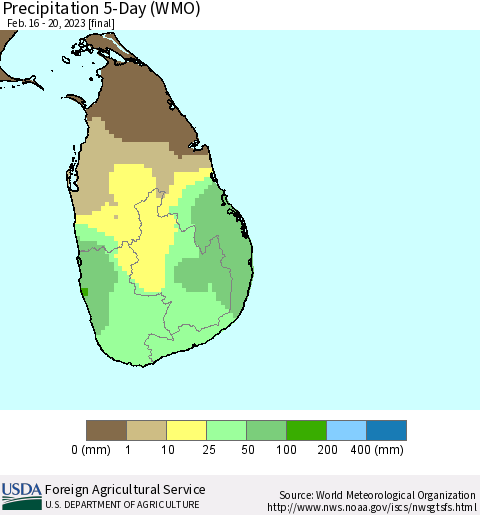Sri Lanka Precipitation 5-Day (WMO) Thematic Map For 2/16/2023 - 2/20/2023