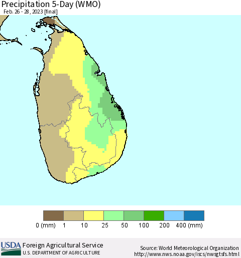 Sri Lanka Precipitation 5-Day (WMO) Thematic Map For 2/26/2023 - 2/28/2023