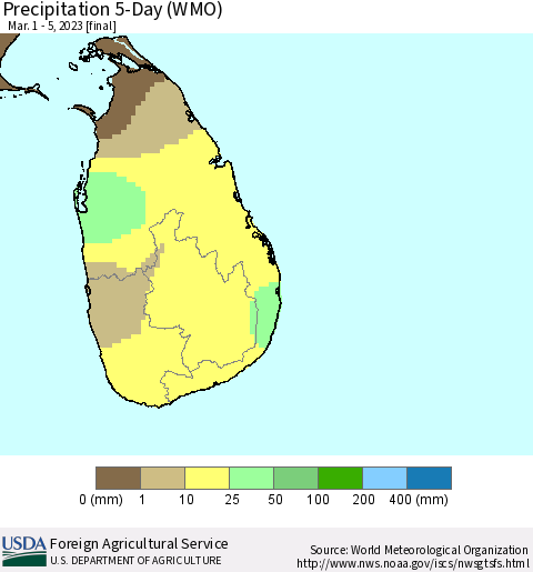 Sri Lanka Precipitation 5-Day (WMO) Thematic Map For 3/1/2023 - 3/5/2023