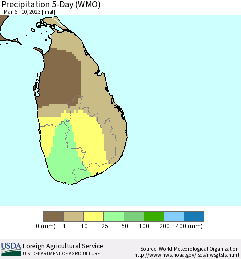 Sri Lanka Precipitation 5-Day (WMO) Thematic Map For 3/6/2023 - 3/10/2023