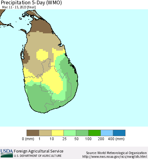 Sri Lanka Precipitation 5-Day (WMO) Thematic Map For 3/11/2023 - 3/15/2023