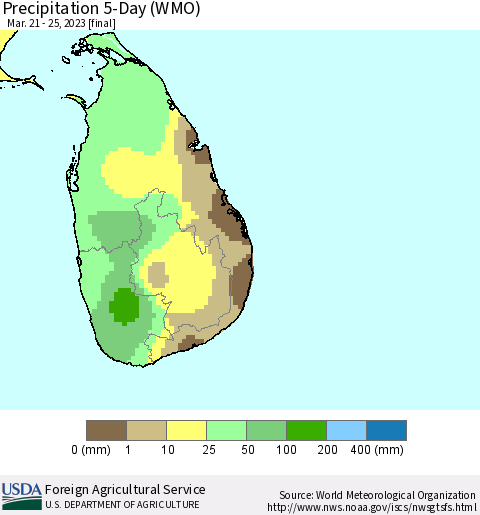 Sri Lanka Precipitation 5-Day (WMO) Thematic Map For 3/21/2023 - 3/25/2023