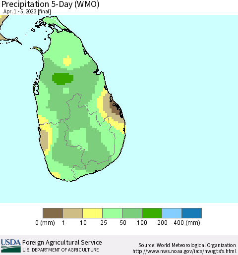 Sri Lanka Precipitation 5-Day (WMO) Thematic Map For 4/1/2023 - 4/5/2023