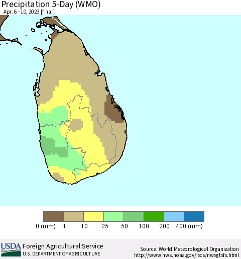 Sri Lanka Precipitation 5-Day (WMO) Thematic Map For 4/6/2023 - 4/10/2023
