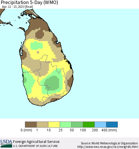 Sri Lanka Precipitation 5-Day (WMO) Thematic Map For 4/11/2023 - 4/15/2023