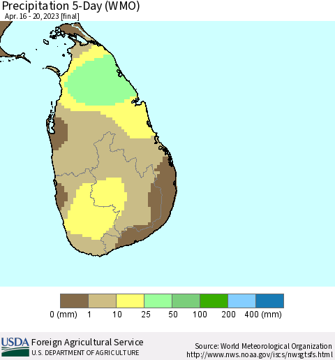 Sri Lanka Precipitation 5-Day (WMO) Thematic Map For 4/16/2023 - 4/20/2023