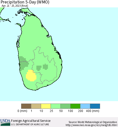 Sri Lanka Precipitation 5-Day (WMO) Thematic Map For 4/21/2023 - 4/25/2023