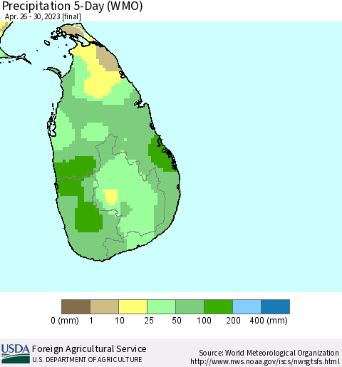 Sri Lanka Precipitation 5-Day (WMO) Thematic Map For 4/26/2023 - 4/30/2023