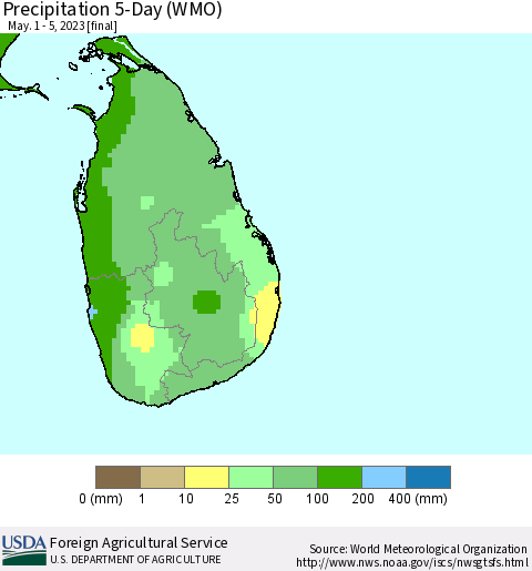 Sri Lanka Precipitation 5-Day (WMO) Thematic Map For 5/1/2023 - 5/5/2023