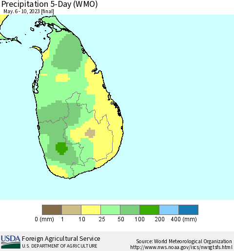 Sri Lanka Precipitation 5-Day (WMO) Thematic Map For 5/6/2023 - 5/10/2023