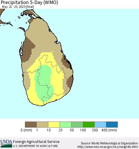 Sri Lanka Precipitation 5-Day (WMO) Thematic Map For 5/21/2023 - 5/25/2023