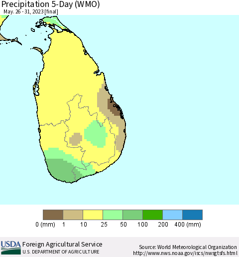 Sri Lanka Precipitation 5-Day (WMO) Thematic Map For 5/26/2023 - 5/31/2023