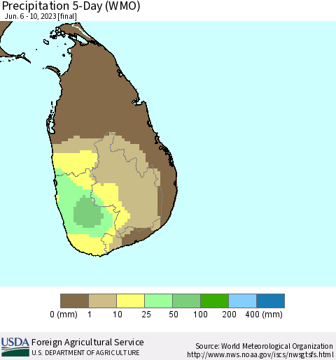 Sri Lanka Precipitation 5-Day (WMO) Thematic Map For 6/6/2023 - 6/10/2023