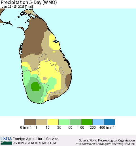 Sri Lanka Precipitation 5-Day (WMO) Thematic Map For 6/11/2023 - 6/15/2023