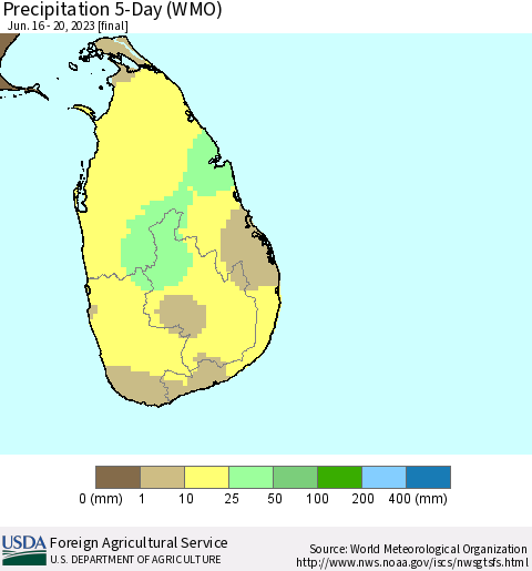 Sri Lanka Precipitation 5-Day (WMO) Thematic Map For 6/16/2023 - 6/20/2023