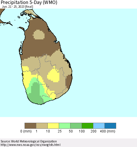 Sri Lanka Precipitation 5-Day (WMO) Thematic Map For 6/21/2023 - 6/25/2023