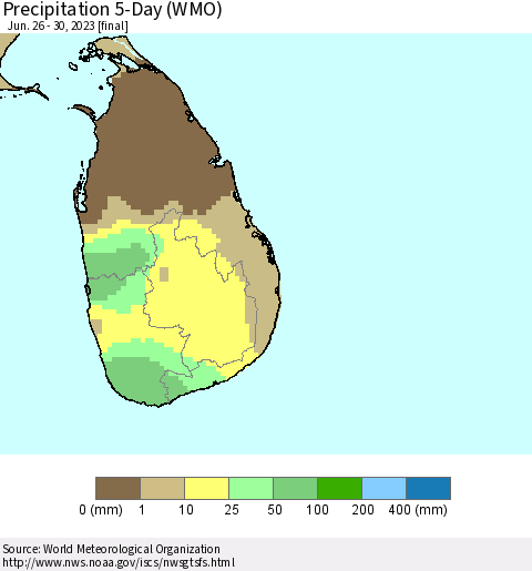 Sri Lanka Precipitation 5-Day (WMO) Thematic Map For 6/26/2023 - 6/30/2023