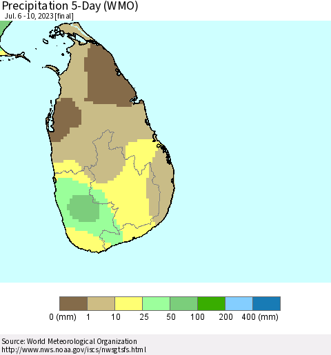 Sri Lanka Precipitation 5-Day (WMO) Thematic Map For 7/6/2023 - 7/10/2023