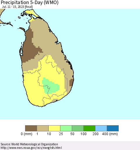 Sri Lanka Precipitation 5-Day (WMO) Thematic Map For 7/11/2023 - 7/15/2023