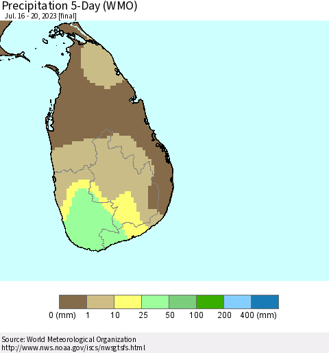 Sri Lanka Precipitation 5-Day (WMO) Thematic Map For 7/16/2023 - 7/20/2023