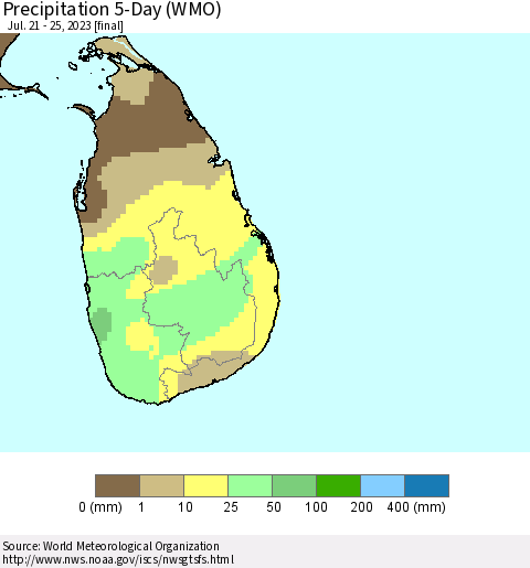 Sri Lanka Precipitation 5-Day (WMO) Thematic Map For 7/21/2023 - 7/25/2023
