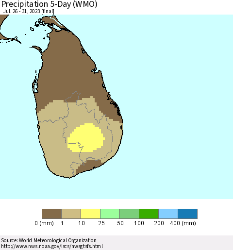 Sri Lanka Precipitation 5-Day (WMO) Thematic Map For 7/26/2023 - 7/31/2023