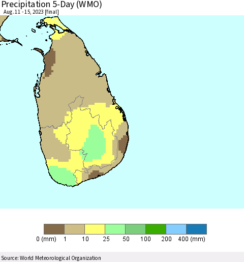 Sri Lanka Precipitation 5-Day (WMO) Thematic Map For 8/11/2023 - 8/15/2023