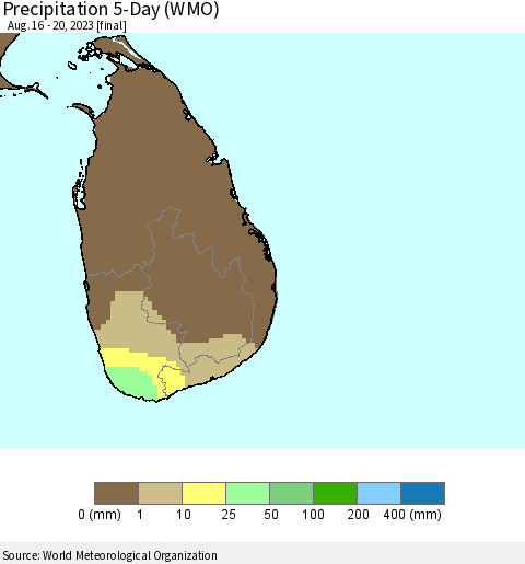 Sri Lanka Precipitation 5-Day (WMO) Thematic Map For 8/16/2023 - 8/20/2023