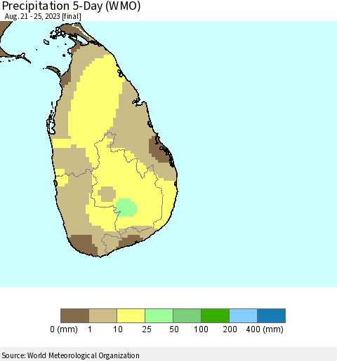 Sri Lanka Precipitation 5-Day (WMO) Thematic Map For 8/21/2023 - 8/25/2023