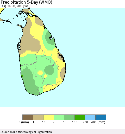Sri Lanka Precipitation 5-Day (WMO) Thematic Map For 8/26/2023 - 8/31/2023