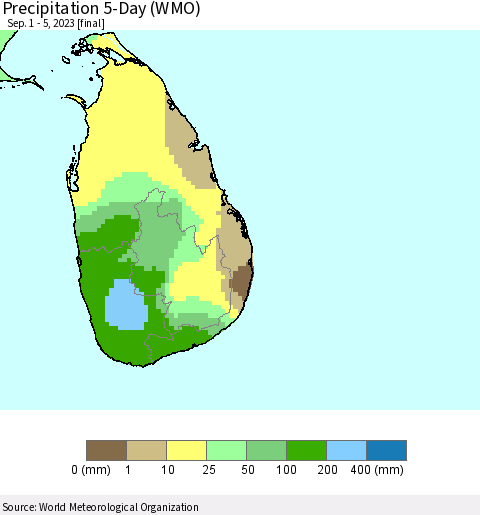 Sri Lanka Precipitation 5-Day (WMO) Thematic Map For 9/1/2023 - 9/5/2023
