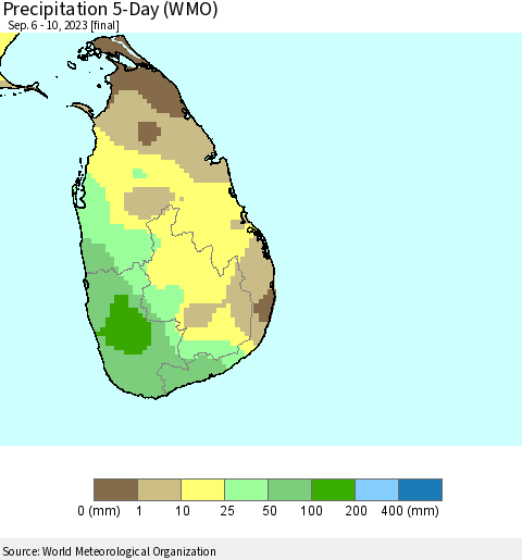 Sri Lanka Precipitation 5-Day (WMO) Thematic Map For 9/6/2023 - 9/10/2023