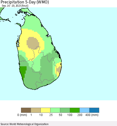Sri Lanka Precipitation 5-Day (WMO) Thematic Map For 9/16/2023 - 9/20/2023